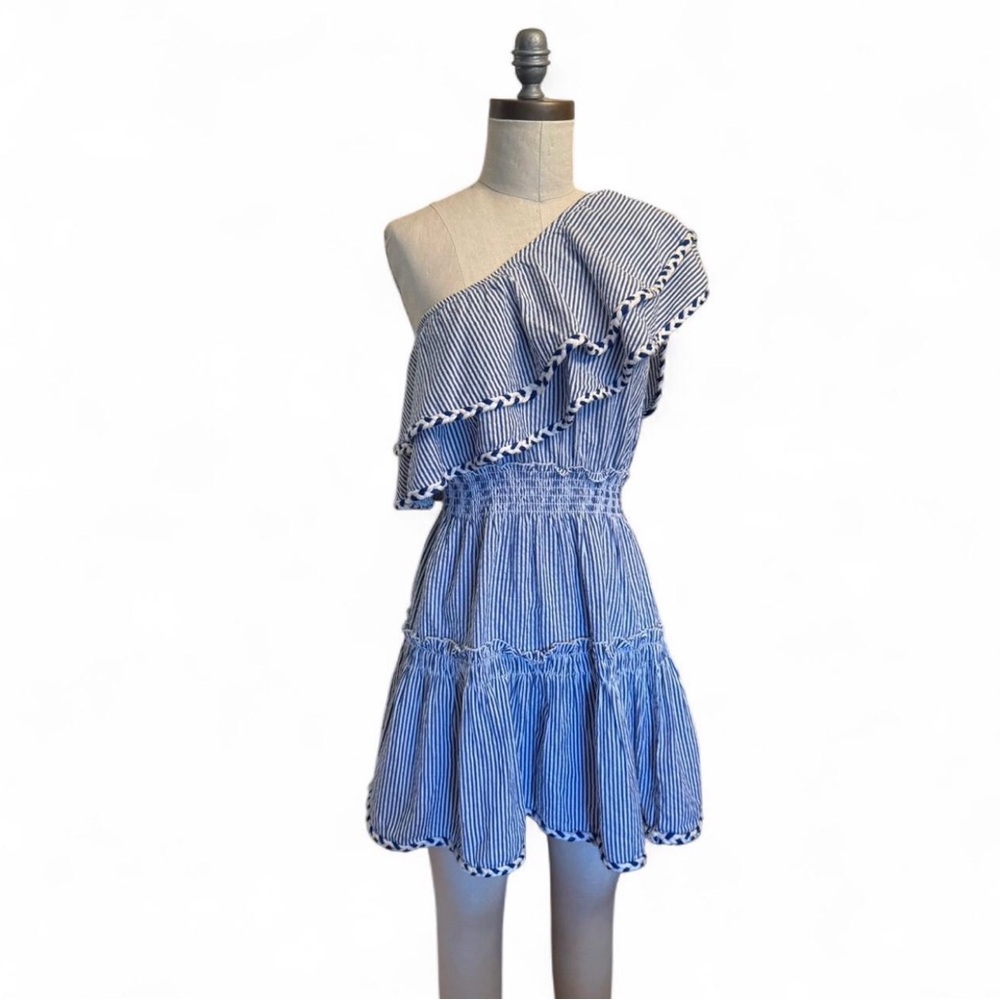 Lulus one shoulder ruffle blue & white stripe dress 100% cotton midi dress